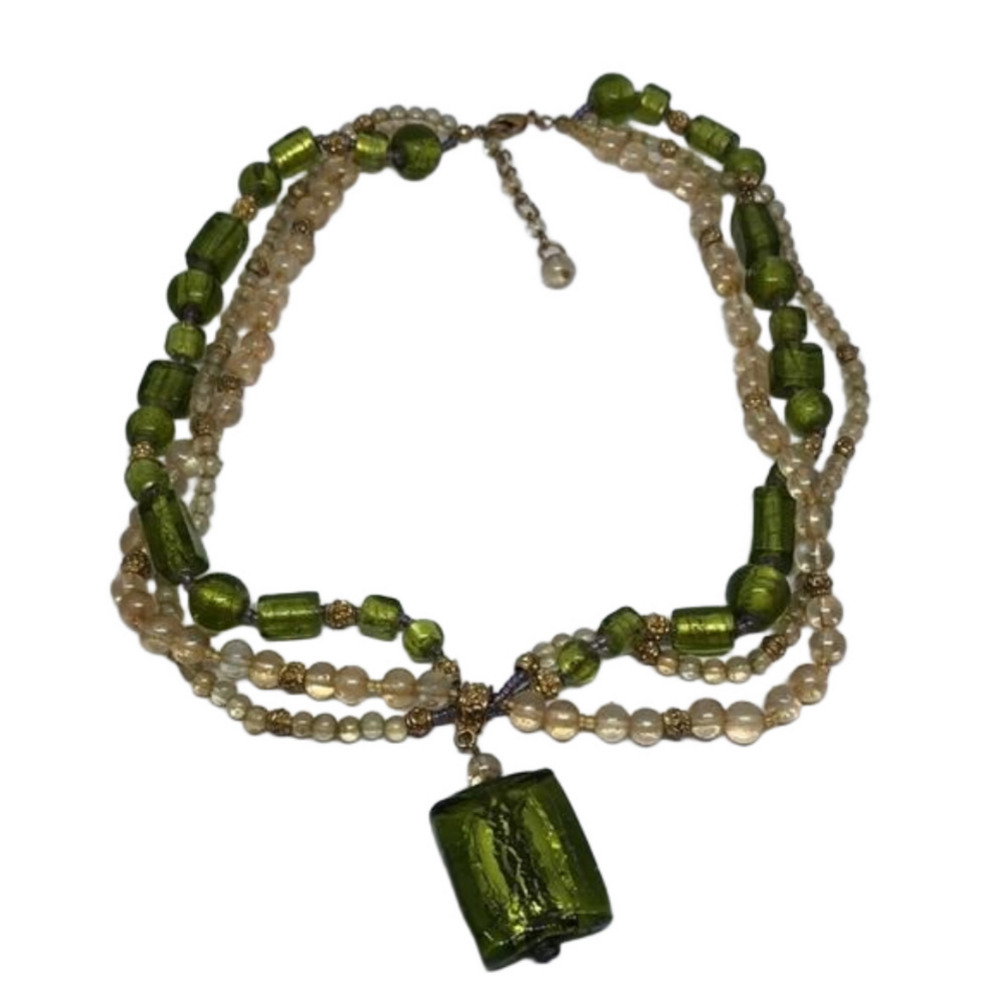 Vintage multi strand beaded art glass necklace pendant statement look.